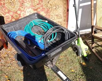 Craftsman lawnmower cart, garden hoses, Ryobi edger