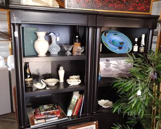 Pair bookcases, Lenox, Murano, vintage liquor, art