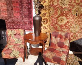 silk & wool area rugs, accent chairs, antique lamp table, bronze vase