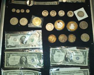 silver coins & paper  money, sterling turquoise ring, antique pocket knife, 14k gold stickpin & watch