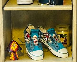 Shown on an Antiqued White Wooden Bookshelf (Two Available) are an Incredible Collection of Shoes Including Coach Sneakers, Adidas, Converse & Coach. (Mostly Size 8)