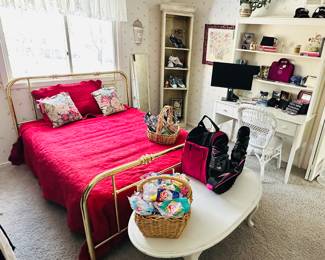 Fabulous Canadian Made White Desk & Bookshelf Shown with a Dresher Queen Brass Bed Frame, Colchas S. Domingos at Home Matelasse bright red scalloped edge Bedspread with 2 Matching Shams and More.