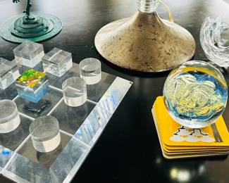 Gorgeous Decorative Art Available Includes a MCM Acrylic Tic Tack Toe Set, a Signed Robert Eickholt Paperweight and Baccarat Shooting Star Crystal Figurine.