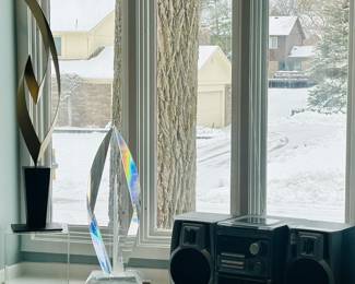 Gorgeous Signed Art Including Curtis Jere and Shlomi Haziza Shown with Vintage Aiwa CD/Tape Player.