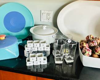 Adorable Porcelain Napkin Holders Numbered 1-12 Shown with a Stunning Lindt Stymeist Colorways Modernist Casserole Dish and Serving Platter and More!