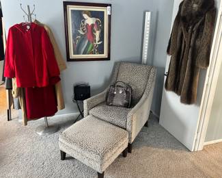 Fabulous Furniture Including a Mitchell Gold Wing Back Chair and Ligne Roset Brushed Aluminum Extensia Floor Lamp (71.5"), Beautifully Framed Linda LeKinff Serigraph, and an Incredible Assortment of Coats Including J. Jill, Ralph Lauren, Caractre and More!