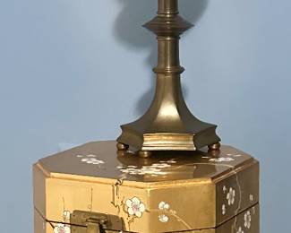 Gold Leaf & Lacquered Chinese Jewelry Box (Stunning!) Shown with One of a Pair of Vintage Holzheimers Brass Candlestick Lamps. 