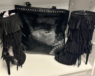 Gorgeous Fringe Side Zip Open Toe Heeled Boots Shown with the Gorgeous Leather and Fur Agua Madonna Purse.