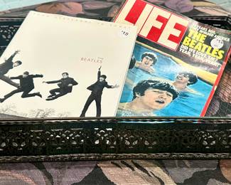 Antiqued Brass and Black Handled Tray with a "The Beatles: From Yesterday to Today" Handback book and Collectible Life Magazine from February 1984.