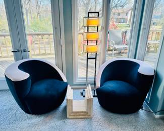 Fabulous Weiman Swivel Nautilus Chairs in Blush Pink and Black. 29.5"H x 35"W x 35.5"D



