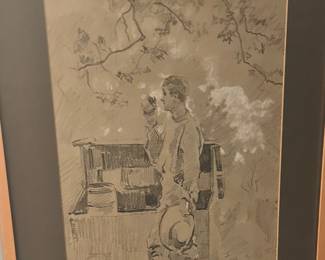 Hugh Newell (American, 1830-1915) Charcoal and Chalk on Paper Depicting a Man Drinking Water, 16" x 11", Signed.