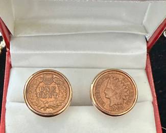 Vintage 1905 One Cent Indian Head Pennies Set in 24k Gold Layered Cuff Links.