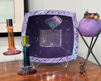 Stunning Pair of Vintage Signed Chatham Glass Multi-Colored Candlesticks Shown with a Steve Howell Signed Pinched Corner Ceramic Bowl and a Paper Mache Hand Painted Bowl with Iron Stand.