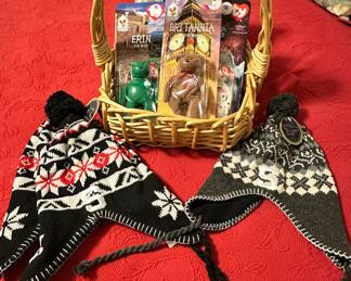 Adorable Spartan Head Warmers Shown with a Small Sample of the Collectible Beanie Babies Available.