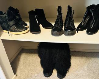 Leather Ash Italia Leather Heeled Sneaker sz 39, Shown with Kensie Black Suede Size Zip Boots, Ateliers Kane Combat Boot, Size 39, Leather Me Too High Heel Half Boots, and Bear Paw Wooly Boots.