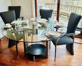 MCM Glass Top Dining Table Shown with Fantastic Carson's Sculptural Dining Chairs Upholstered in a Black Fabric with Polka Dot Pattern, Set of 6 Available.