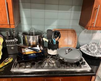 Still More Kitchen Necessities Available Including Food Network Knives in Block, Anchor Hocking Pyrex Glass in Multiple Colors, a Denmark Stock Pot with Lid, Tramontina 5 Quart Pan.