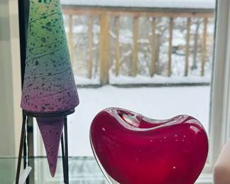 Rod Moorhead Art Pottery Sculpture on Stand Shown with Salviati Murano Glass Heart Vase by Maria Christina Hamel and a Signed Robert Eickholt Paperweight.