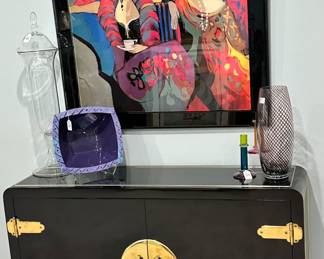 Mastercraft Black Lacquer Credenza/Side Board with Brass Hardware and Trim, 30.25"H x 48"W x 13.5"D Shown with Art Glass & Ceramic Pottery.