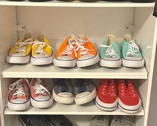 Huge Selection of Converse Shoes in a Variety of Colors Shown with Sandals and Slip Ons, Mostly Size 8.