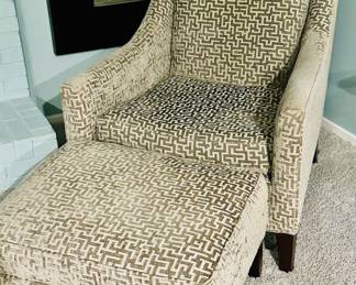 Stunning Mitchell Gold + Bob Williams Contemporary "Cara" Tall Back Wing Chair & Matching Ottoman in Velvet Geometric Pattern. (42" x 27" x 35.5")