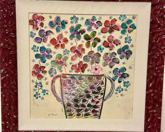 Danushka Bass (Israeli) Signed and Untitled Mixed Media on Canvas, 16x16, on Ornate Red Frame.