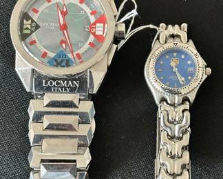 Fabulous Locman Cavallo Pazzo Chronograph Mother-of-Pearl Quartz Italian Watch Shown with a Tag Heuer Ladies Watch.