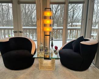 Fabulous Weiman Swivel Nautilus Chairs in Blush Pink and Black. 29.5"H x 35"W x 35.5"D