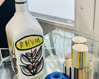 Rare Roger Capron Vallauris Signed 7 Piece Set and Signed Ioan Nemtoi Blown Glass Bud Vase.