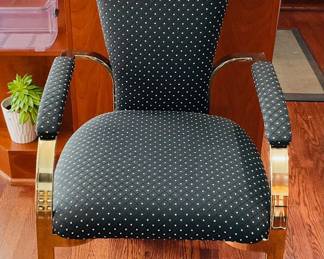 Detailed View of Carson's Sculptural Dining Chairs Upholstered in a Black Fabric with Polka Dot Pattern, Set of 6 Available.