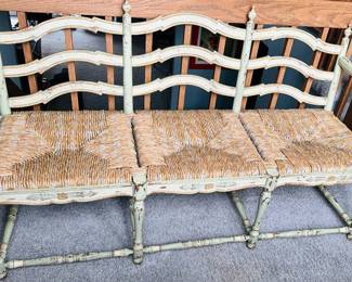 Habersham Ladder Back Hall Bench with Distressed Painted Finish and Rush Seat, 58.5"W x 19.5"D x 34"H.
