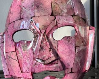 Vintage Mascara Teotihuacana Pierre's Varias Tribal Folk Art Mask Statue Polished Obsidian Pink Abalone