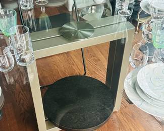 54" Round Glass Top Dining Table with Brushed Steel and Wood Accent Base, 29" H.