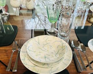Vintage Continental China Raymond Loewy "Threads" Green/Blue Dinner 5 Piece Place Setting with Extras and Additional Kitchenware.