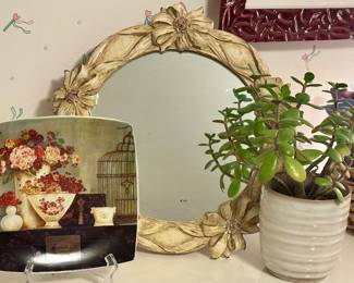 Lovely Floral Decor Plate Signed by Kathryn White, Shown with a Flourishing Jade Plant and Paragon Style Wall Mirror