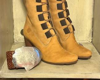 Size 9 Brand New Timberland Lace up and Side Zippered Boots and Platform Wedge Sandals.