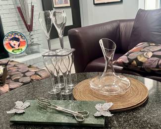 Lovely Arthur Court Green Marble Serving Platter with Decorative Aluminum Butterfly Accents, Princess House Heritage Tulip Champagne Flute Glasses, Krosno Splendour Crystalinne Wine Decanter and More.
