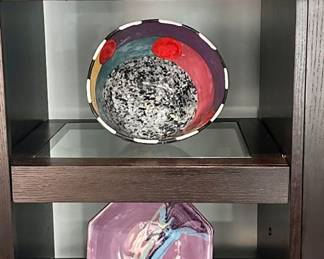 Signed Michael Lambert Modernist Ceramic Pottery Titled, "Java Jig" or "Dancing", Rare 8-Piece Painted Pottery Set Shown with a Jack Charney Art Ceramic Bowl and More.