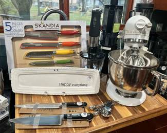 Skandia 5 Piece Knife Collection Shown with a White Kitchen Aid Ultra Power Stand Mixer, 2 Bowls and 5 Attachments (KSM103WW) and a Pair or Wusthof knives.