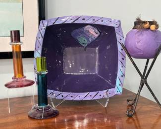 Stunning Pair of Vintage Signed Chatham Glass Multi-Colored Candlesticks Shown with a Steve Howell Signed Pinched Corner Ceramic Centerpiece Bowl and a Paper Mache Hand Painted Bowl with Iron Stand.