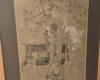 Hugh Newell (American, 1830-1915) Charcoal and Chalk on Paper Depicting a Man Drinking Water, 16" x 11", Signed.