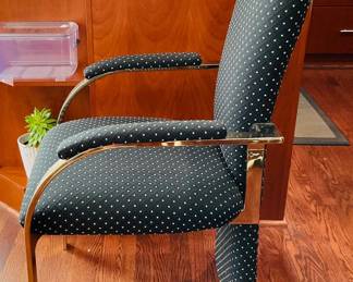 Side View of the Carson's Sculptural Dining Chairs Upholstered in a Black Fabric with Polka Dot Pattern, Set of 6 Available.
