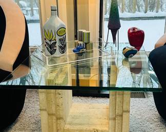 Fabulous Italian Scarpa Style Sculptural 11"W x 11"D x 21"H Post Modern Travertine Side Table with Thick Glass Top Measuring 24" Square.
