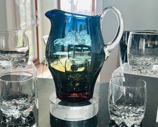 Elegant Blenko Glass Pitcher with Unique Color Variations Shown with Italian Barmiolo Rocco Rocks Glasses.