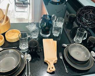 Great Bareware Available Including a Threshold "Belmont Grey" 4pm. Service for 8, a Pair of Boska Cheese Boards, Gourmet Settings Twist Stainless Coiled Loops Silverware, Bormioli Rocco "Galassia" Italian Interlocking Rocks Glasses and More!