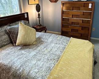 Full Sized Ethan Allen Duvet in Black, White, Grey & Yellow Shown with Matching Ethan Allen Throw Blanket & Pillows.