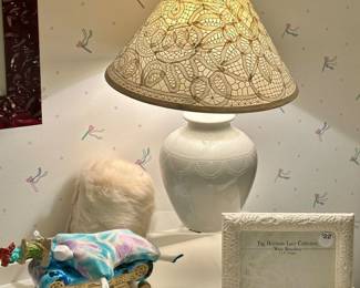 Sweet Ceramic Table Lamp with a Lace Overlay Shade, an Authentic Signed Poupee Millet Doll Relaxed on a Hand Painted Bench and Lovely Frame.