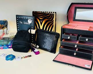 Another Whimsical Cow Parade Figurine No. 9197, "Four Seasons", a  Brand New City  Adventurer Nano Backpack from Lululemon, a Pair of Black and Sequin Covered Slippers in Sequined Carry Pouch and Lovely Jewelry Box.