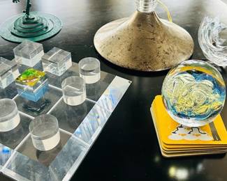 Gorgeous Decorative Art Available Includes a MCM Acrylic Tic Tack Toe Set, a Signed Robert Eickholt Paperweight and Steuben "Star Stream" Crystal Figurine by Neil Cohen".