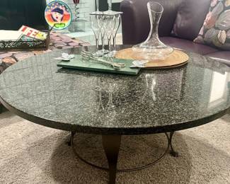 Heavy Granite Top Table with Matte Silver Base, Originally Purchased from Gorman's with Glass Top, Replaced with Thick Granite, 42" Round Top, Base Measures 22" x 17.5"H